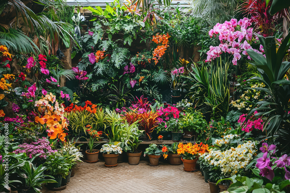 Obraz premium A vibrant indoor garden filled with variety of colorful flowers and lush green plants creates lively and refreshing atmosphere. arrangement showcases beauty of nature