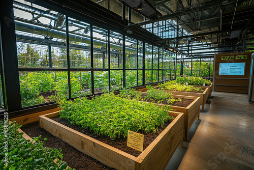 Indoor farm with educational signage and information, showcasing vibrant green plants in wooden raised beds. space is designed for learning and cultivation, creating serene atmosphere