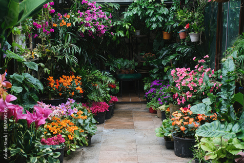 A vibrant indoor garden filled with colorful flowers and lush plants creates serene and inviting atmosphere. rich hues of blooms enhance natural beauty of space, making it perfect retreat