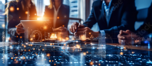 close-up to conference table with graphs and lights flying; humans silhouette in buisness clothes behind; concept of using new technologies, artificial intelligence, meetings, business opportunities