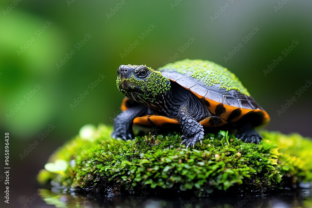 Turtle with a shell covered in algae, blending into its surroundings as it camouflages itself in a lake or pond Turtle with a shell covered in algae, blending into its surroundings as it camouflages itself in a lake or pond