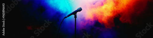 Microphone standing on an empty stage with colorful light and smoke. Mic on a stage