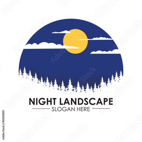 nature landscape logo design template, with forest, moon and clouds great for adventure themes photo