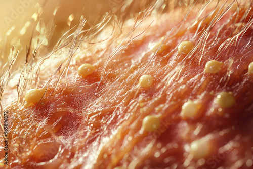 image showcases close up view of skin texture, highlighting hair follicles and sebaceous glands. intricate details evoke sense of curiosity about integumentary system photo