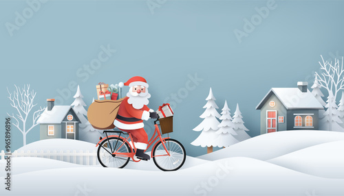 Santa Claus Riding Bicycle in Snow Village Landscape