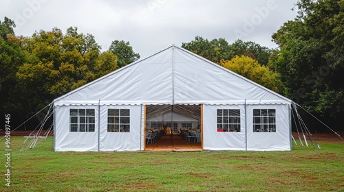 A large, elegant white tent set in a lush green field, perfect for outdoor events and gatherings.