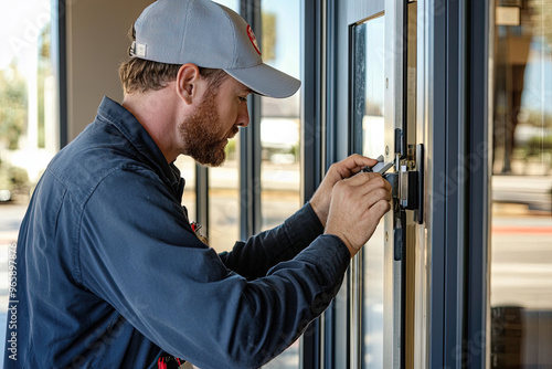 A maintenance worker is focused on repairing broken door closer, demonstrating skill and attention to detail in professional setting photo