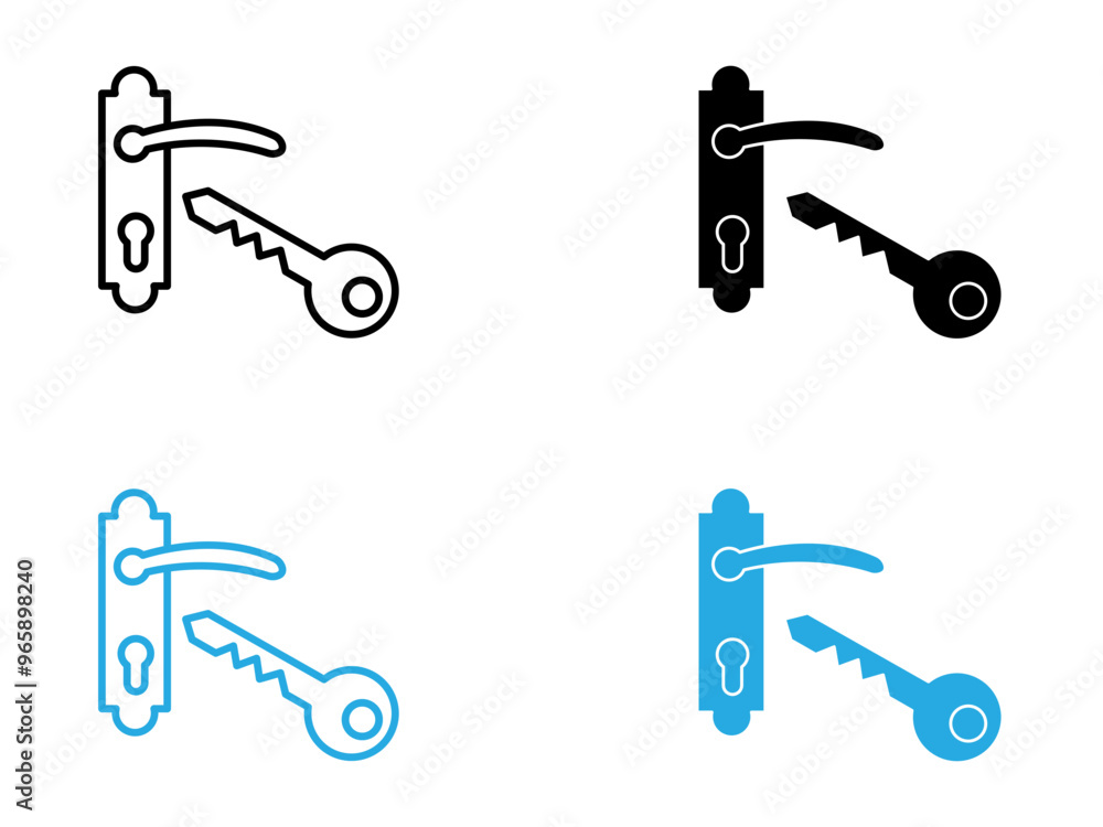 Door key icon black and white vector outline sign Door key icon black and white vector outline sign