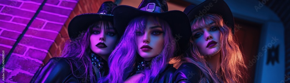 Three women in gothic attire and hats, illuminated by purple and blue neon lights, and standing against a brick wall Three women in gothic attire and hats, illuminated by purple and blue neon lights, and standing against a brick wall