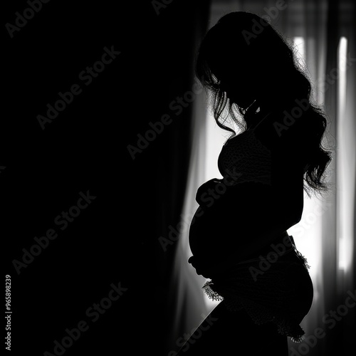 Silhouette of Pregnant Woman Cradling Belly, Highlighting Motherhood