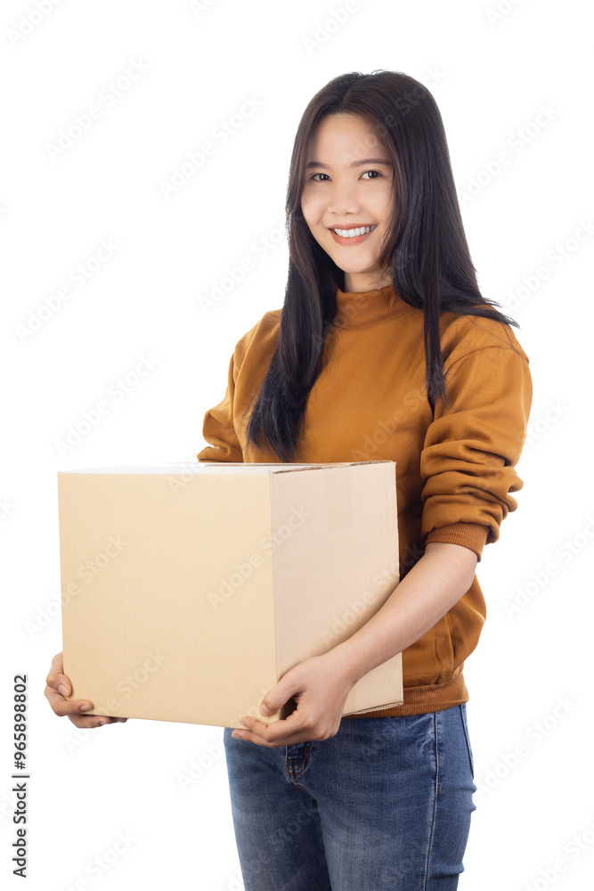 Young Asian woman holding brown cardboard boxes isolated on white background with clipping path. Lifestyle concept. Concept delivery online. Young Asian woman holding brown cardboard boxes isolated on white background with clipping path. Lifestyle concept. Concept delivery online.
