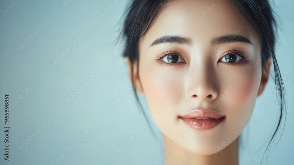 Naklejka premium Asian Woman with Radiant Skin and Natural Makeup. with copy space