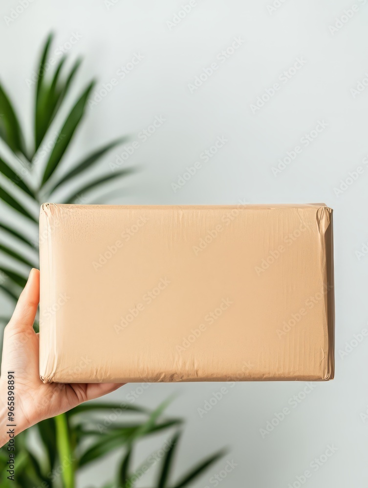 A person holds a neatly wrapped brown package against a soft green backdrop, emphasizing delivery and anticipation. A person holds a neatly wrapped brown package against a soft green backdrop, emphasizing delivery and anticipation.