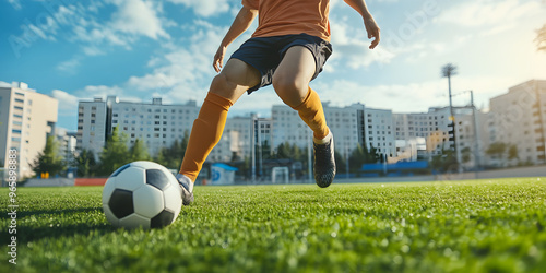 Soccer player performing a kick on the ball photo