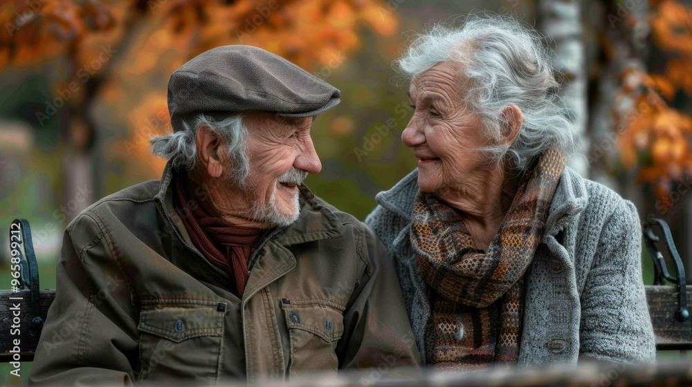 Elderly Couple Sharing a Joyful Conversation on a Park Bench

