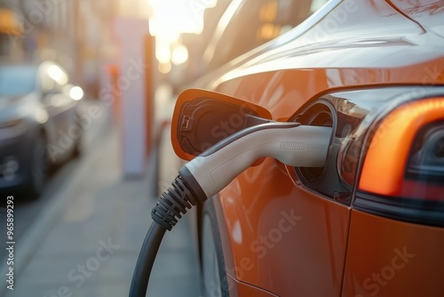 electric vehicle charging station, with sleek design and charging cables connected to cars. Suitable for technology, sustainability, and transportation themes.