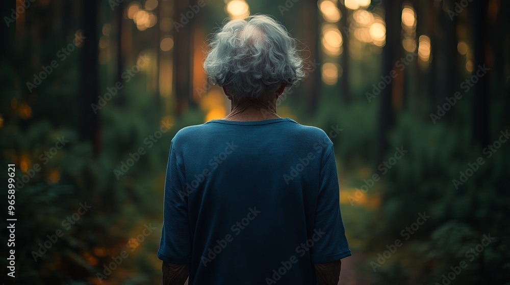 Elderly Woman Walking Through a Forest Path Elderly Woman Walking Through a Forest Path