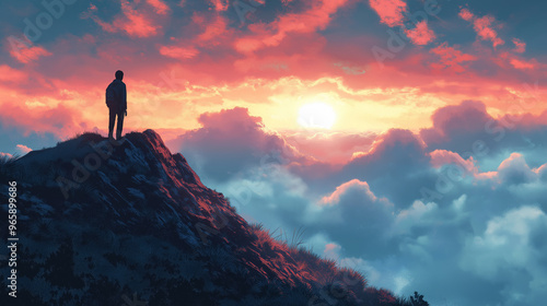 A man stands on a mountain top, looking out at the sunset