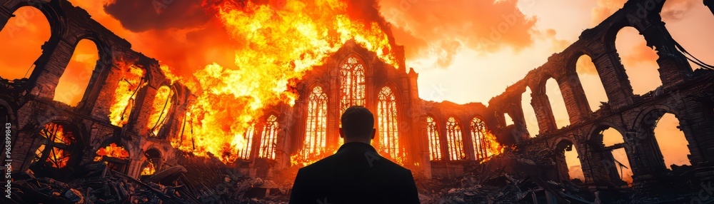 A solitary figure stands in awe before an inferno consuming a historic structure, embodying loss and destruction. A solitary figure stands in awe before an inferno consuming a historic structure, embodying loss and destruction.