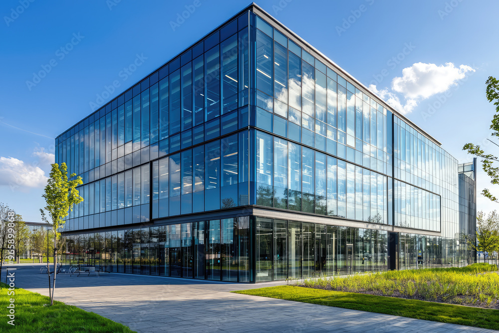 Obraz premium Modern glass and steel office building showcasing sleek design with large windows reflecting sky. structure is surrounded by greenery, creating harmonious environment
