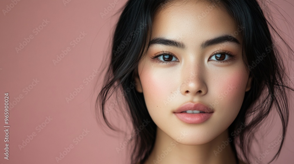 Asian Woman with Radiant Skin and Natural Makeup. with copy space Asian Woman with Radiant Skin and Natural Makeup. with copy space