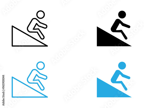 Man slide on slope icon black and white vector outline sign