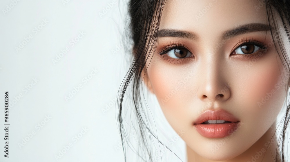 Fototapeta premium Asian Woman with Radiant Skin and Natural Makeup. with copy space