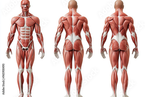 Anatomical chart showcasing muscular system from multiple angles, highlighting detailed muscle structure and anatomy. This high quality illustration serves as an educational tool for understanding hum photo