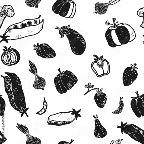 Trendy minimalism modern vegetable pattern Grunge, shabby texture of elements Scandinavian motifs Vector seamless pattern