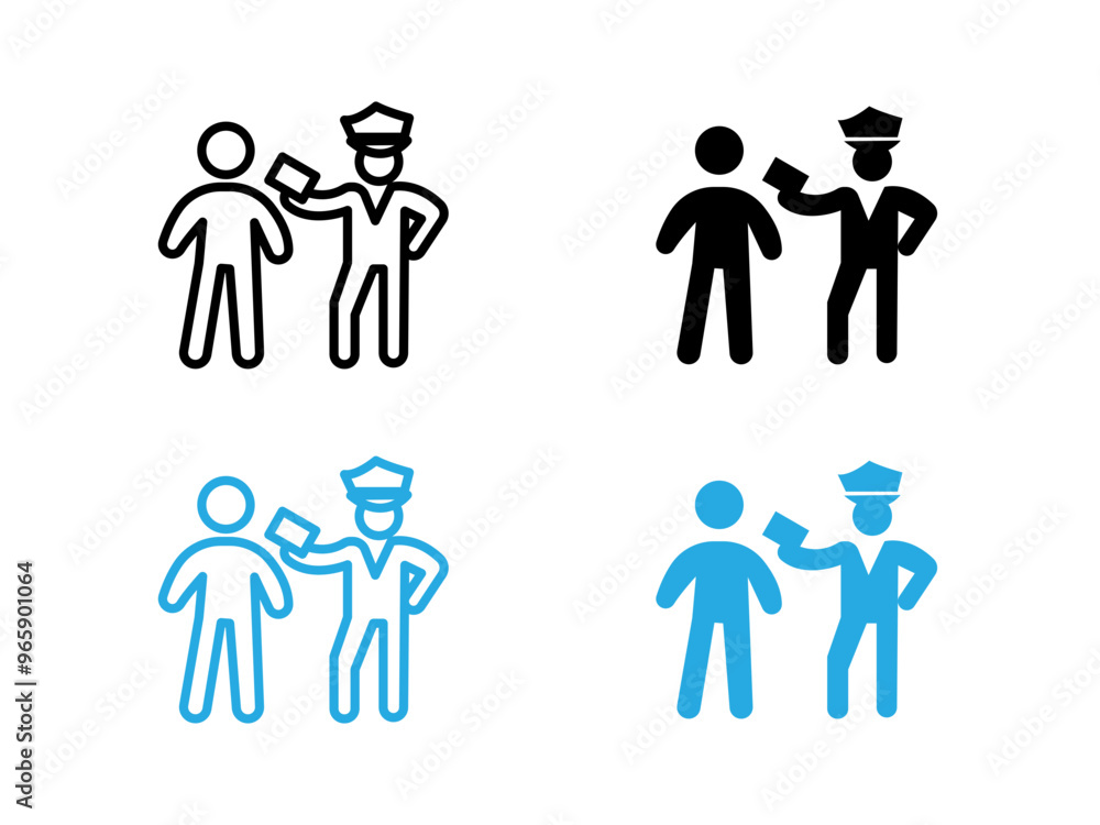 Police officer giving fine icon black and white vector outline sign Police officer giving fine icon black and white vector outline sign