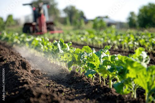 Organic fertilizer is being applied to vegetable crops, enhancing growth and health. lush green plants thrive in fertile soil, showcasing beauty of sustainable farming practices