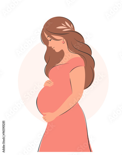 Pregnant woman, future mom hugging belly with arms. Vector illustration.