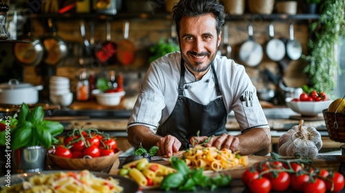 Portrait of Italian Chef Blended with Fresh Ingredients Symbolizing Culinary Traditions