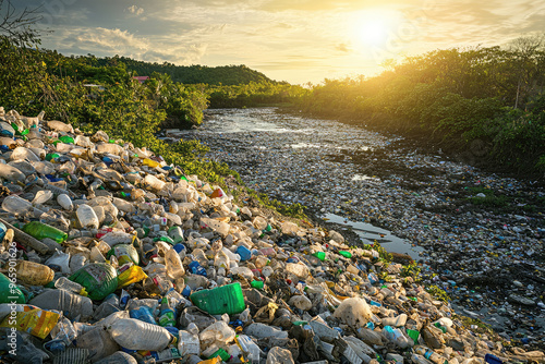 Plastic waste accumulating in once pristine natural environment, highlighting impact of pollution on rivers and landscapes. sunset adds poignant contrast to scene photo