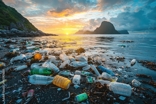 image depicts plastic waste accumulating in once pristine natural environment, highlighting impact of pollution on beautiful landscapes. sunset adds poignant contrast to scene photo