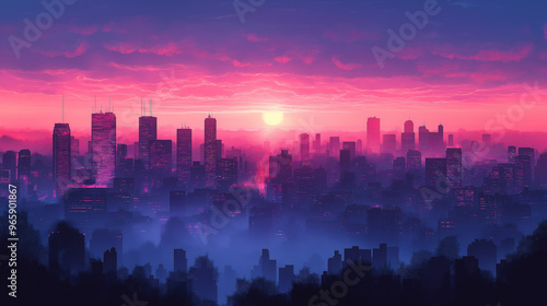 A city skyline with a pink and purple sunset in the background