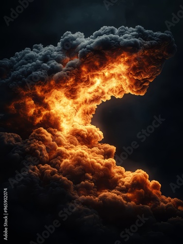 Dramatic scene of fiery clouds illuminated against a dark sky, creating a striking visual contrast and intense atmosphere.