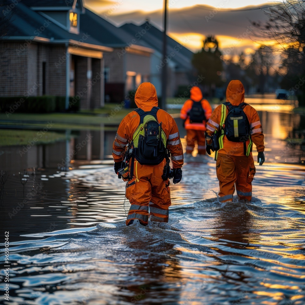 Rescue Workers Navigating Floodwaters in a Residential Neighborhood