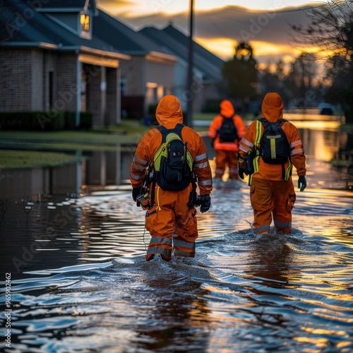 Obraz na płótnie Rescue Workers Navigating Floodwaters in a Residential Neighborhood
w salonie