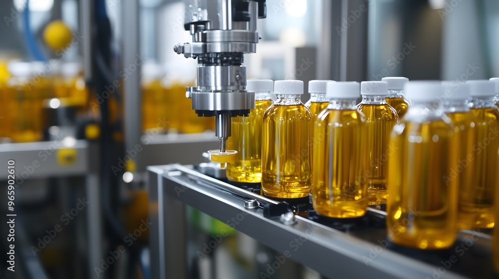 A Filling Machine Dispensing Liquid into Bottles A Filling Machine Dispensing Liquid into Bottles