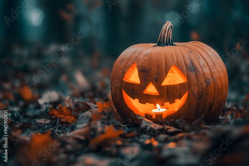 A Halloween Pumpkin with a Candle Inside