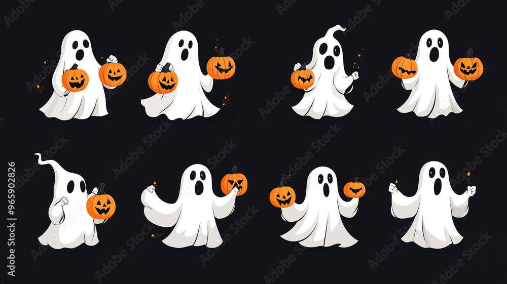 Cute ghostly characters celebrating Halloween with pumpkins in a spooky atmosphere Cute ghostly characters celebrating Halloween with pumpkins in a spooky atmosphere