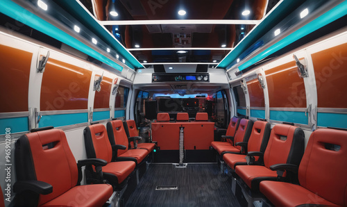 The interior of a passenger van is equipped with several rows of red seats