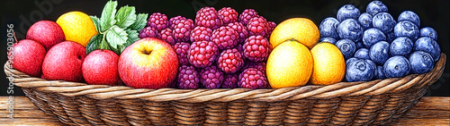 Wallpaper Mural Wholesome Harvest: One Line Drawing of a Bountiful Basket of Fresh Fruits Promoting Healthy Eating and Nature's Bounty Torontodigital.ca
