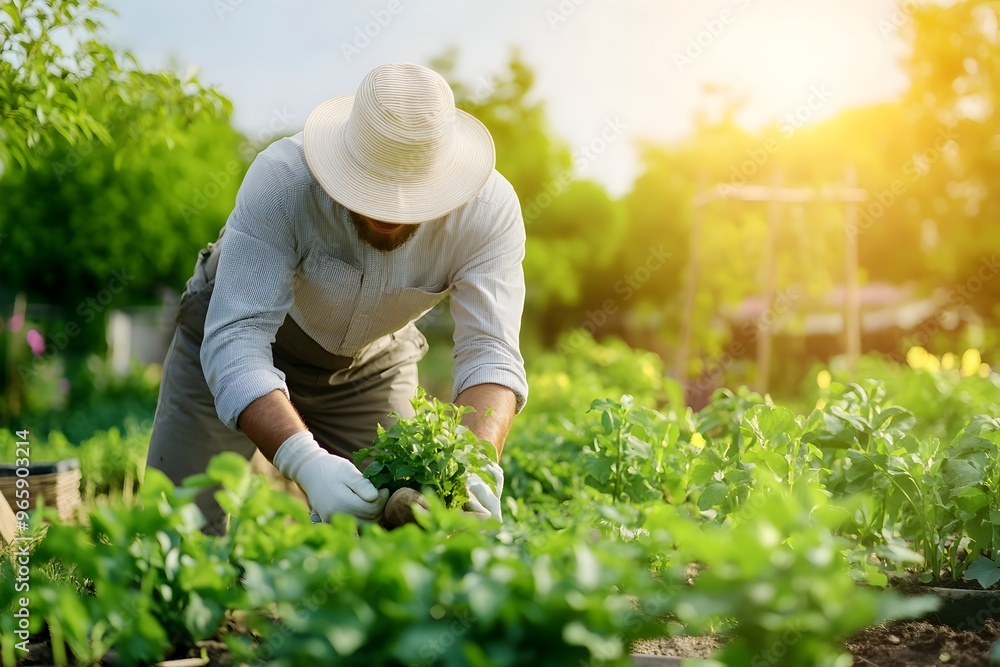 Diligent Gardener Tenderly Tending to Flourishing Garden in Tranquil Backyard Landscape Diligent Gardener Tenderly Tending to Flourishing Garden in Tranquil Backyard Landscape