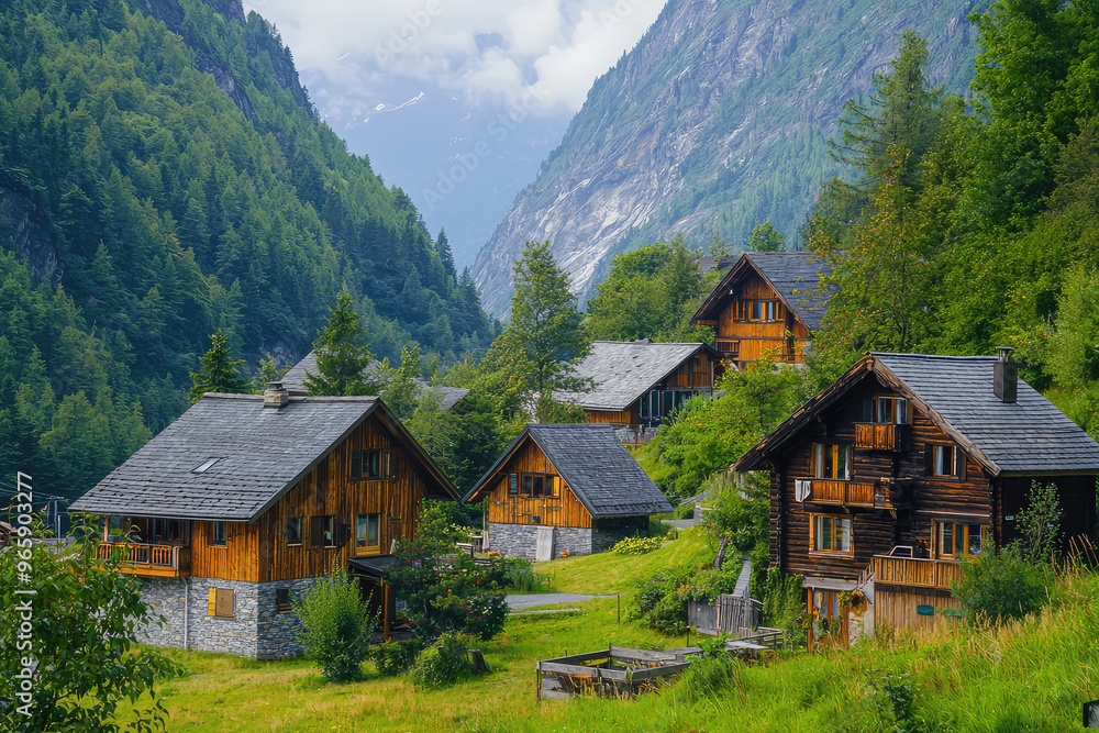 Scenic mountain village with chalets surrounded by lush greenery and towering mountains, creating serene and picturesque atmosphere Scenic mountain village with chalets surrounded by lush greenery and towering mountains, creating serene and picturesque atmosphere