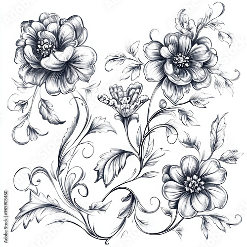 Wallpaper Mural flower floral vintage illustration engraving art nature design botanical decor pattern sketch artwork monochrome decorative romantic elegant beautiful petals bloom Torontodigital.ca