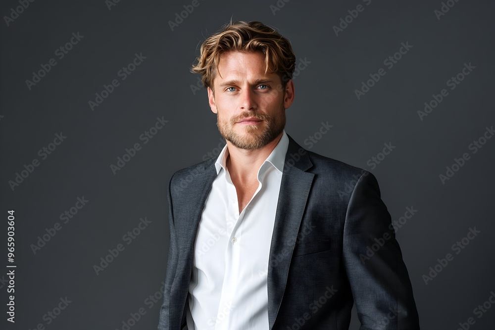Captivating and sophisticated portrait of a male model with a striking,enigmatic gaze and artfully tousled caramel-blonde hair. Dressed in a tailored charcoal-gray suit with an unbuttoned white shirt. Captivating and sophisticated portrait of a male model with a striking,enigmatic gaze and artfully tousled caramel-blonde hair. Dressed in a tailored charcoal-gray suit with an unbuttoned white shirt.