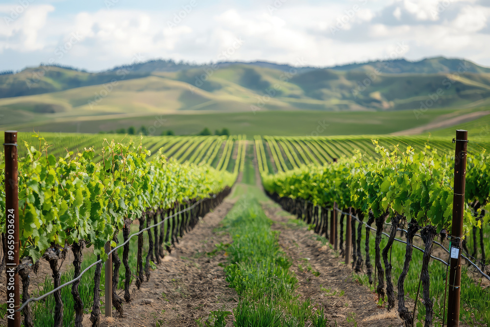 Scenic vineyard with rolling hills, showcasing lush green grapevines under bright sky. landscape evokes tranquility and natural beauty, perfect for wine lovers Scenic vineyard with rolling hills, showcasing lush green grapevines under bright sky. landscape evokes tranquility and natural beauty, perfect for wine lovers