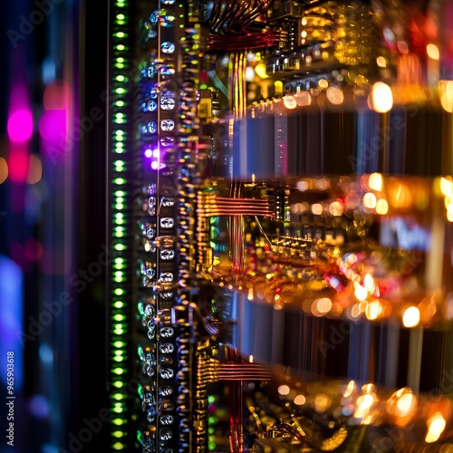 Close-up view of a glowing computer server with multiple layers and wires.